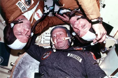 The two crews of the joint US-USSR ASTP docking in Earth orbit mission